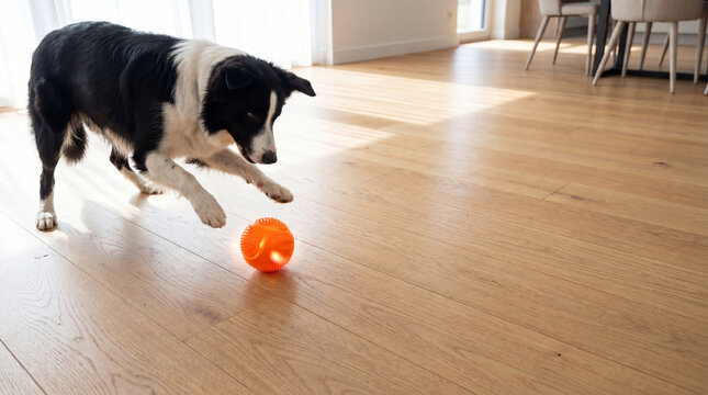 Border collie dog playing with orange rubber toy ball on wooden floor in home. Active puppy chasing bouncy kinetic pet supply. Lifestyle animal care, training, exercise and activity concept.