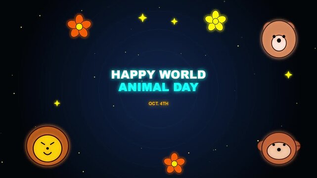Happy world animal day animated message on dark blue background with cute animals and flowers motion graphic.