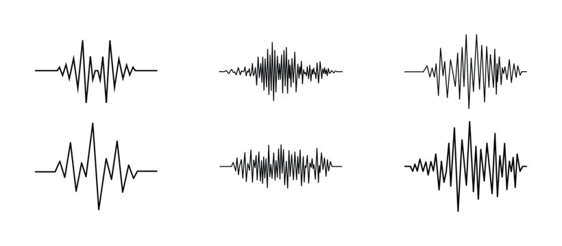 Set of six seismic wave icons illustrating earthquake intensity variations for scientific and educational use