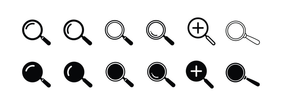 Minimalist magnifying glass icons with plus symbol in monochrome set for ui design and web development