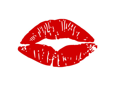 Red lipstick kiss mark isolated on white background with detailed lip texture. Romantic beauty symbol creates a bold visual statement. Stylish lip print adds charm to creative designs.
