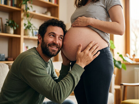 Smiling father bonding with his unborn baby while embracing his partner&rsquo;s pregnant belly, man placing his ear near the abdomen and holding it affectionately as mother supports the bump from above, exp
