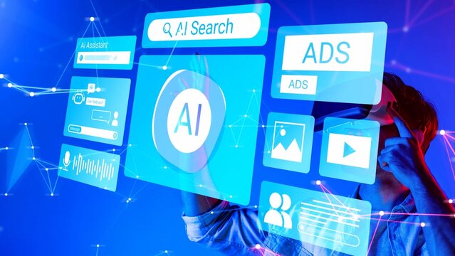 Futuristic AI Technology Concept with Virtual Reality Interface for Search, Advertising, and Interactive Multimedia Experiences Gluon.