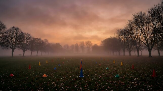 Misty park with scattered colorful cones at dawn