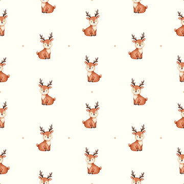 Watercolor cute baby deer and polka dots seamless pattern Christmas winter vector background - Hand drawn illustration 