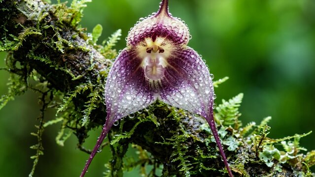 Extreme Macro of a Translucent Dracula Orchid Covered in Morning Condensation