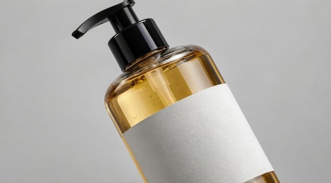 Close Up of Transparent Bottle with Black Pump and Blank White Label Filled with Golden Liquid - Product Mockup
