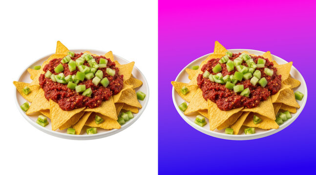 Two plates of tortilla chips with salsa and diced vegetables