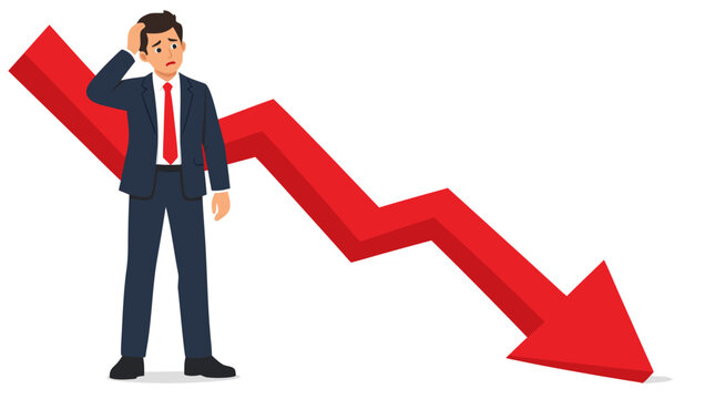Worried businessman holding his hand to his head while standing beside a giant falling red zigzag arrow pointing downward, financial crisis and loss concept vector illustration on white