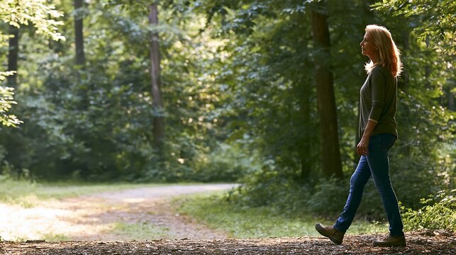 Mature woman walking mindfully through a peaceful forest, grounding and menopause wellness concept for healthy aging, stress relief, meditation and women&rsquo;s health content