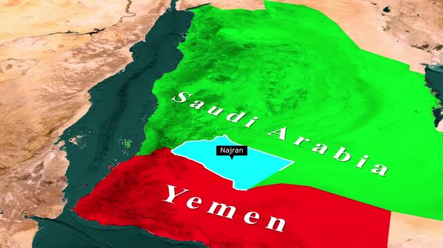Saudi Arabia and Yemen Border Map Animation Highlighting Najran Disputed Region