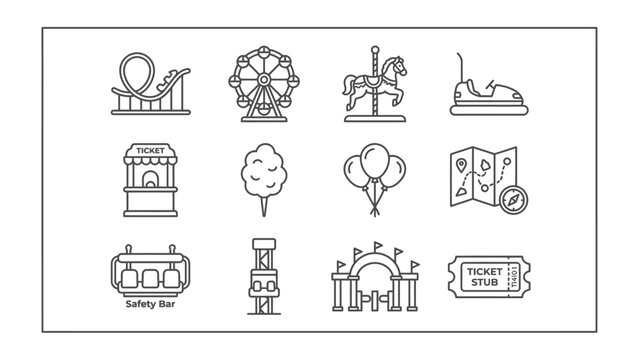 Amusement Park Icons: A collection of line art icons representing various attractions and elements found at an amusement park, including a roller coaster, Ferris wheel, carousel, bumper cars.