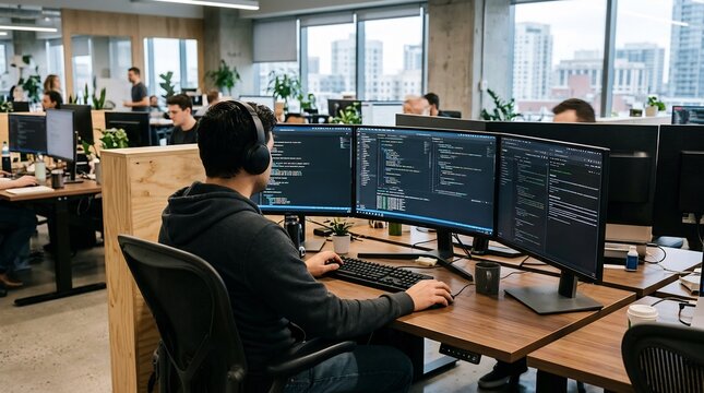 Software developer wearing headphones coding on multiple monitors in a modern open office