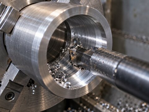 Machining process in a workshop with a lathe cutting aluminum material on a workday