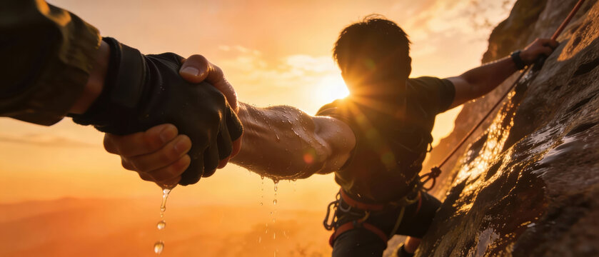 Helping hand extended to rock climber on Cliff during sunset. Concept of support, teamwork, courage, extreme sport and overcoming difficulty.