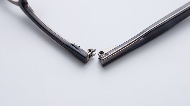 Broken eyeglass arm showing a damaged hinge mechanism, representing accidental damage or need for repair