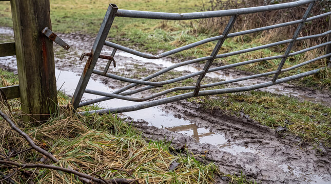 Broken metal gate resting on muddy path with tire tracks, showing damage and disrepair in a rural outdoor setting