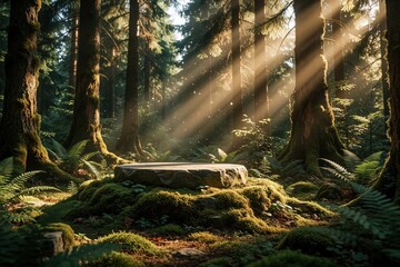 Obraz premium Stone podium rests on mossy ground in sunlit forest glade. Rays of light pierce canopy illuminating mystical woodland scene. Ferns and trees surround natural platform.