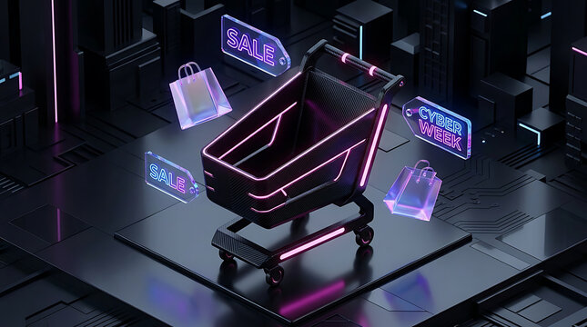3d shopping cart floating in digital cyber environment with sale and cyber week signs