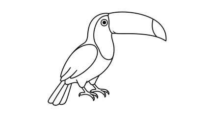 Fototapeta premium Hand traced toco toucan bird vector icon illustration with oversized yellow bill, tropical rainforest creature, black and white outline drawing, nature wildlife coloring page design element
