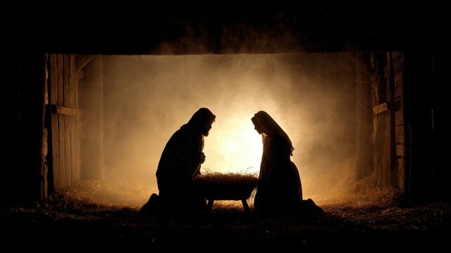 Nativity scene christmas holiday celebration and religious faith silhouette of holy family with baby jesus in manger inside a rustic wooden stable