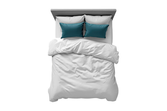 White bed with teal cushions overhead professional cutout for posters and templates