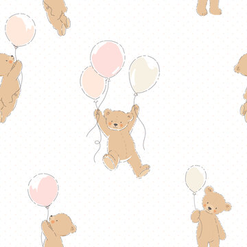 Vintage Teddy Bear Seamless Vector Pattern for Baby Boy, Cute Blue Balloon Nursery Print for Newborn Textile, Bedding and Kids Fabric
