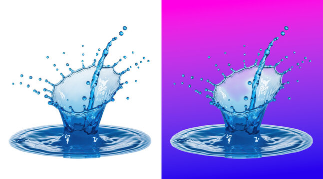 Water droplets splashing into liquid surface 3D rendering