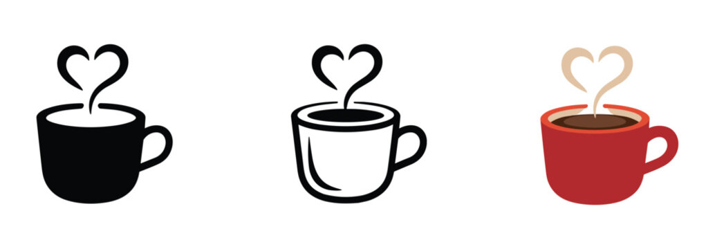 Coffee Love Icon Set: Three stylized icons represent a warm cup of coffee, with steam forming a heart shape above, symbolizing love and comfort.