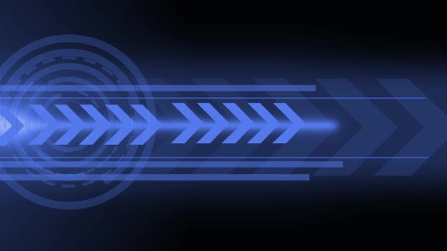 Abstract tech background with glowing arrows speed lines and circular interface design animation