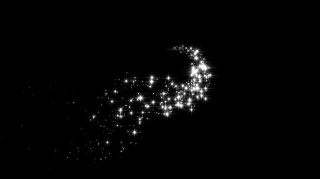 Luxury white glitter sparkle animation, fairy dust, glowing star particles burst, twinkling shimmer line effect, doodle stars motion, dark black screen background, 4k loop overlay video