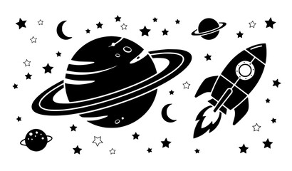 Black and white illustration of planets rocket stars and crescent moons in space © Allah