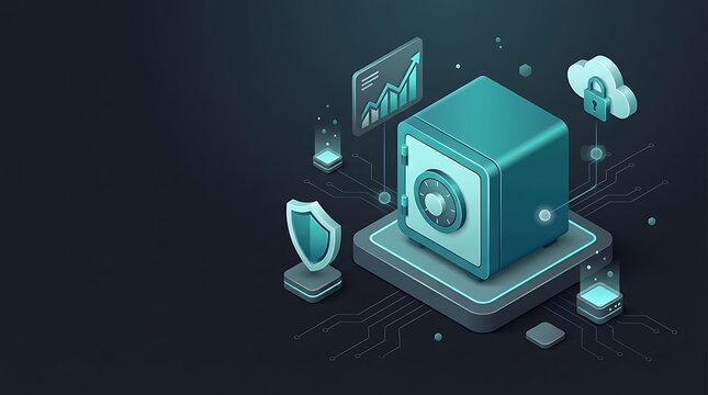 Isometric Digital Security Safe with Cloud Protection Icons