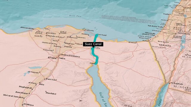 Suez Canal Map Animation Showing Route Between Egypt and Israel Region