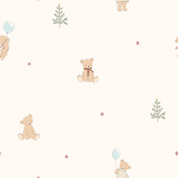 Vintage Teddy Bear Winter Seamless Pattern, Cute Christmas Nursery Vector Background with Tiny Bears, Balloons, Fir Trees and Stars
