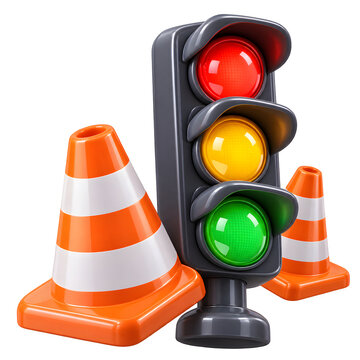 traffic light and safety cone icon 3d illustration isolated on white transparent background png