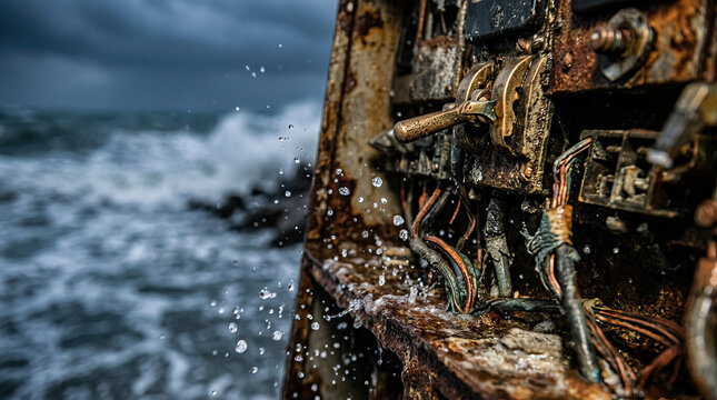 Extreme close up of corroded metal machinery beside stormy sea, with exposed wire, dripping water, rusted surface, and weathered industrial detail creating dramatic maritime scene