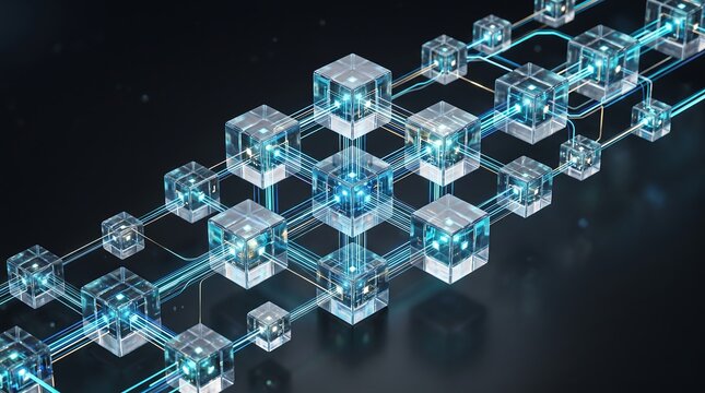 A3d visualization of a blockchain network represented by interconnected glass cubes with glowing blue light paths on a dark gray background