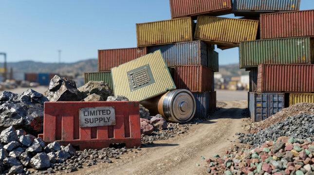 Industrial shipping container yard with rare earth mining concept, warning crate and metal barrel among rubble under clear sky