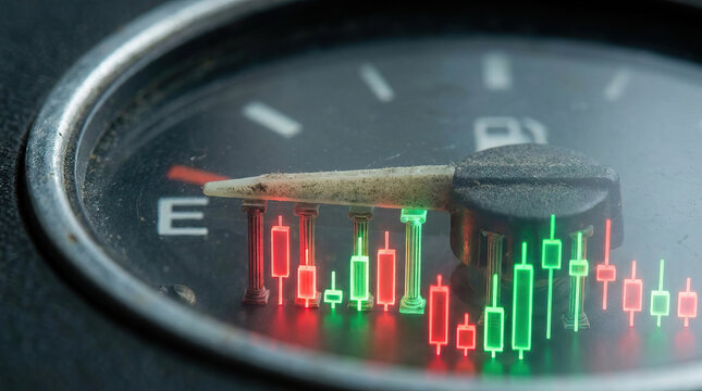 Low fuel gauge needle near empty with glowing red and green market chart reflection, creating urgent vehicle maintenance concept