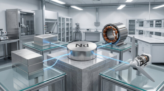Rare earth magnet research laboratory displays cylindrical metal sample, copper coil, glass table, industrial equipment, and blue electromagnetic field illustration in clean scientific setting