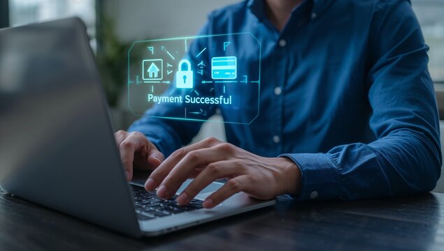 Digital payment security concept. Customer using laptop and successful transaction interface, online banking, secure checkout, currency exchange, ecommerce, financial technology, cashless payment