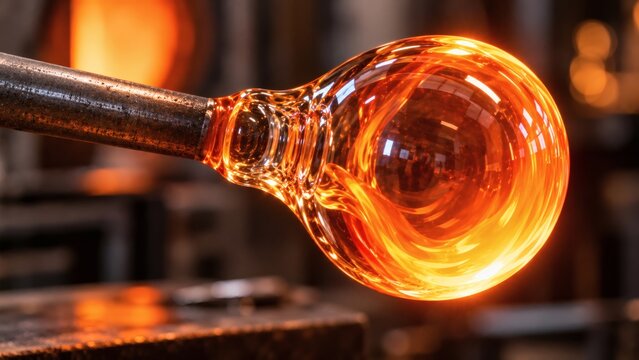 Extreme Macro of Incandescent Molten Glass Gather on Stainless Steel Mandrel
