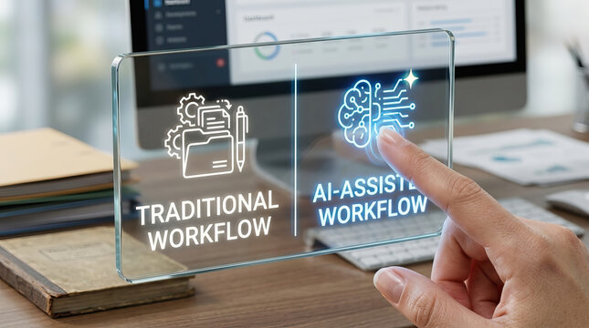 Traditional workflow AI assisted workflow fingertip choosing mode on transparent screen in office