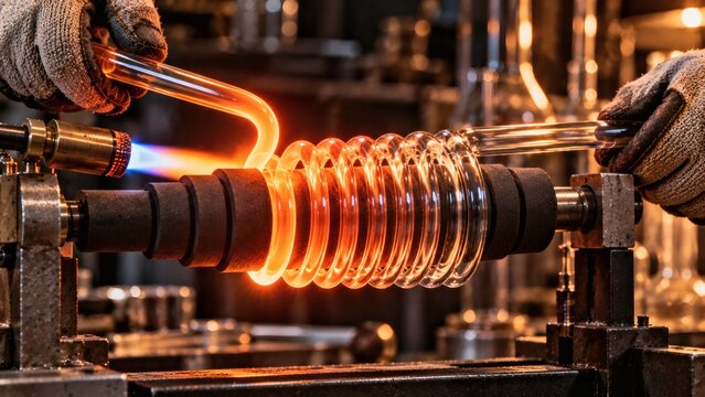 Hands Bending Molten Borosilicate Spiral Coil Around Carbon Mandrel
