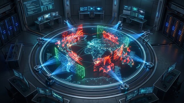 Futuristic command center with a large circular holographic map display showing data points and glowing red and green light projections