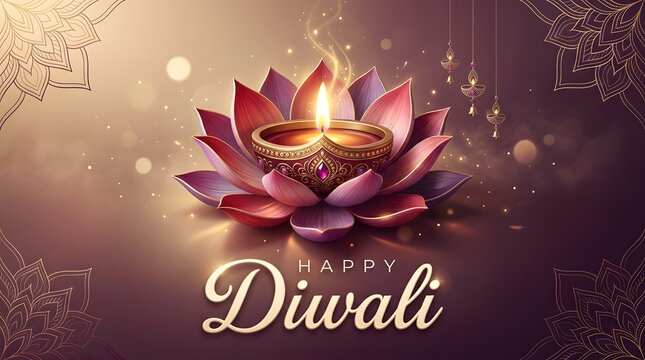 Diwali celebration with glowing lotus flower and traditional indian background