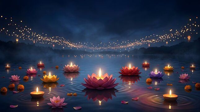 Floating lotus candles and oil lamps on water with glowing lights in the night sky for festival celebration