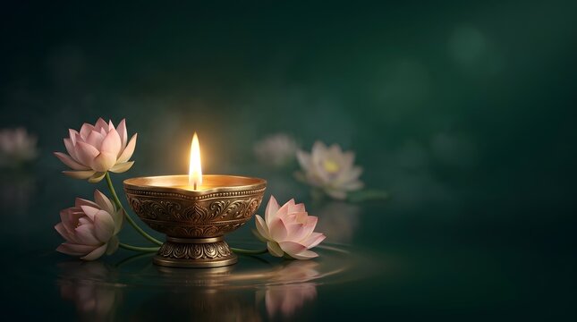 Glowing brass diya oil lamp with pink lotus flowers on a dark green background for Indian festival celebration