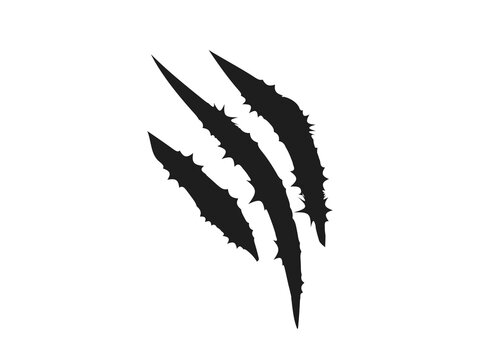Black claw scratch marks with jagged torn edges on white background. Three diagonal slashes suggest animal attack and danger. Isolated vector element for horror, gaming or Halloween design.